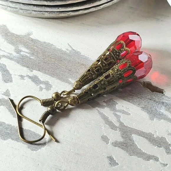 Bronze Faceted Crystal Ruby Red Luster Antiqued Filigree Teardrop Earrings - Picture 7 of 8